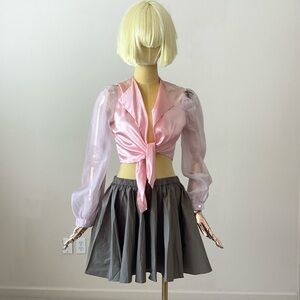 Handmade Sheer Flower Embroidered Puff-Sleeve Pink Tie-Front Top SZ XS